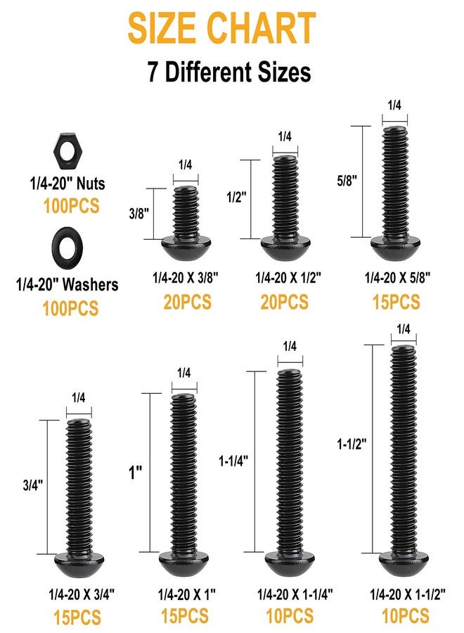 VIGRUE 305Pcs 1/4-20 Bolt and Nut Assortment Kit, 1/4-20 Black Button Head Socket Cap Screw Nuts Washers Kit, Assorted Allen Head Screws, Class 12.9 Alloy Steel - Image 2
